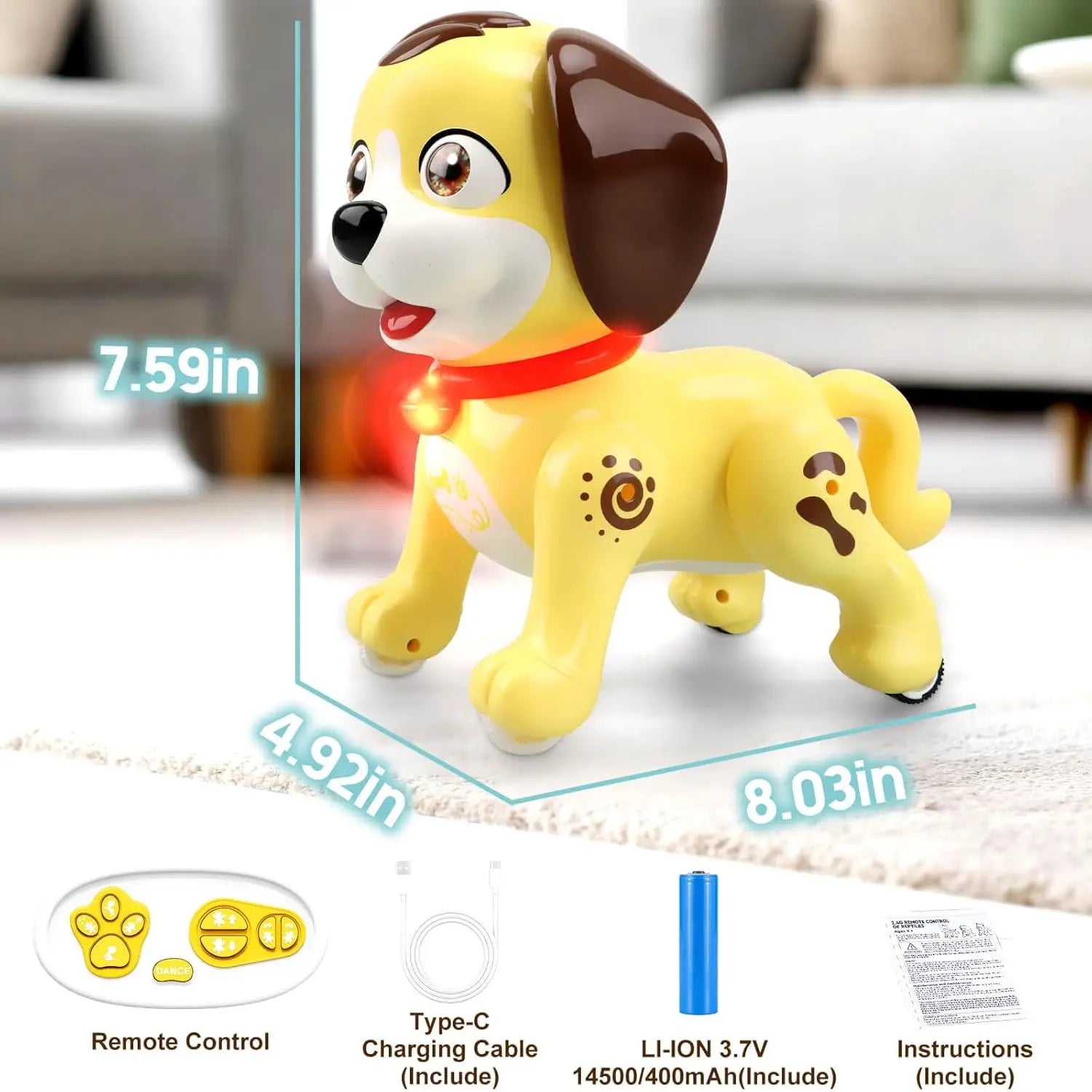 Yellow battery operated remote control dog toy in the shape of a robotic puppy with brown ears, a red collar, and paw print decals on its body.