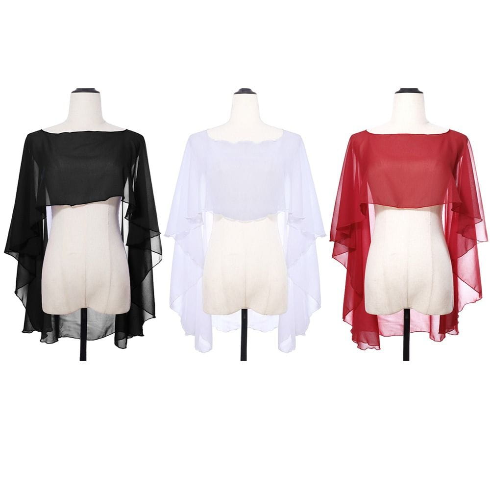 Drei transparente, fließende Chiffon-Hochzeitscape-Sonnenschutz-Wickelshawls in Schwarz, Weiß und Rot, an Schaufensterpuppen präsentiert.