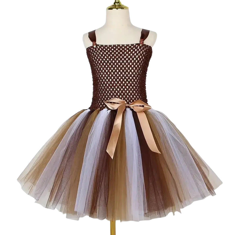 Front view of baby girls jungle lion fancy dress with brown mesh bodice gold satin bow and layered taupe tulle skirt