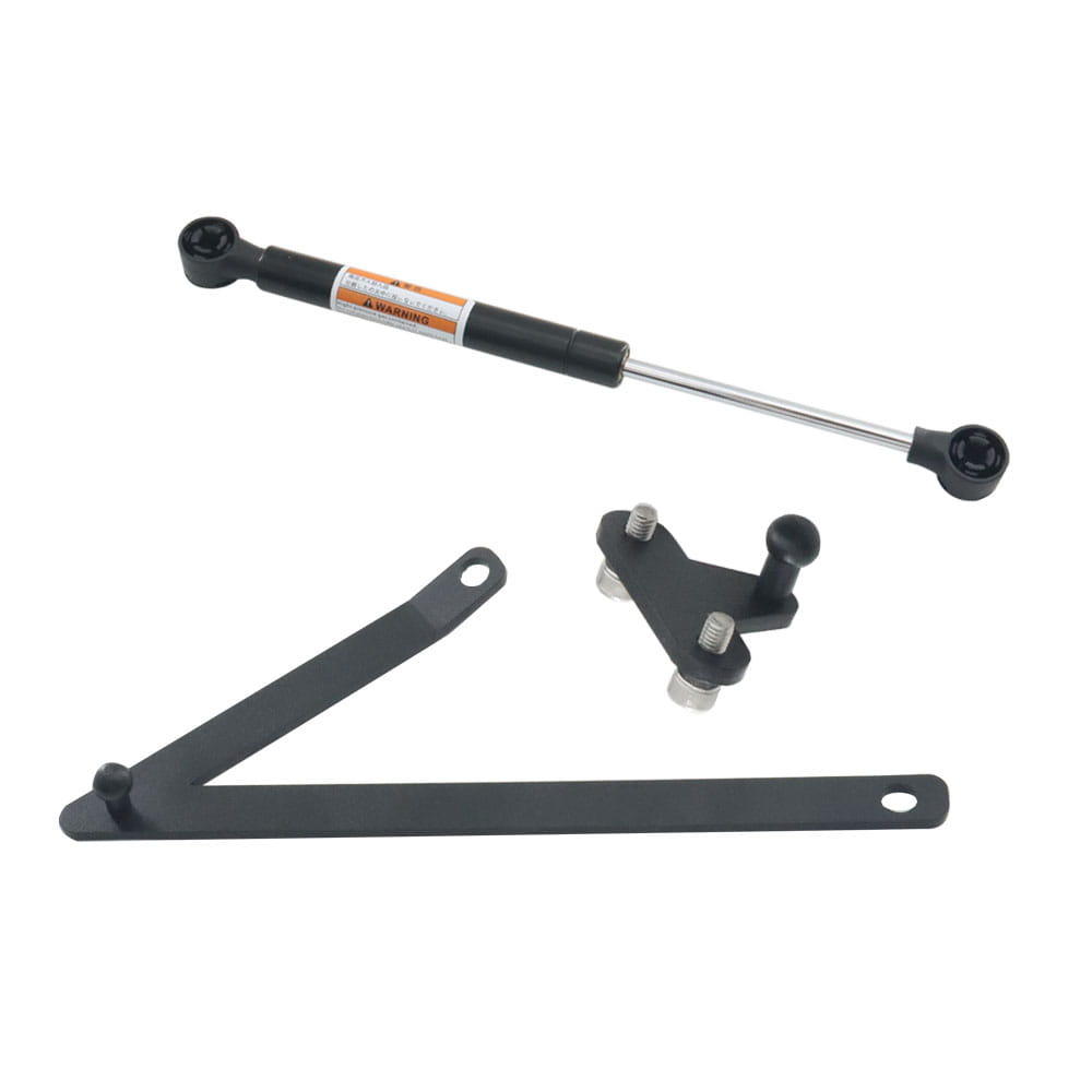 Black gas spring with chrome piston rod and mounting brackets for Harley Touring trunk support rod 2014-2023 shown from the back side