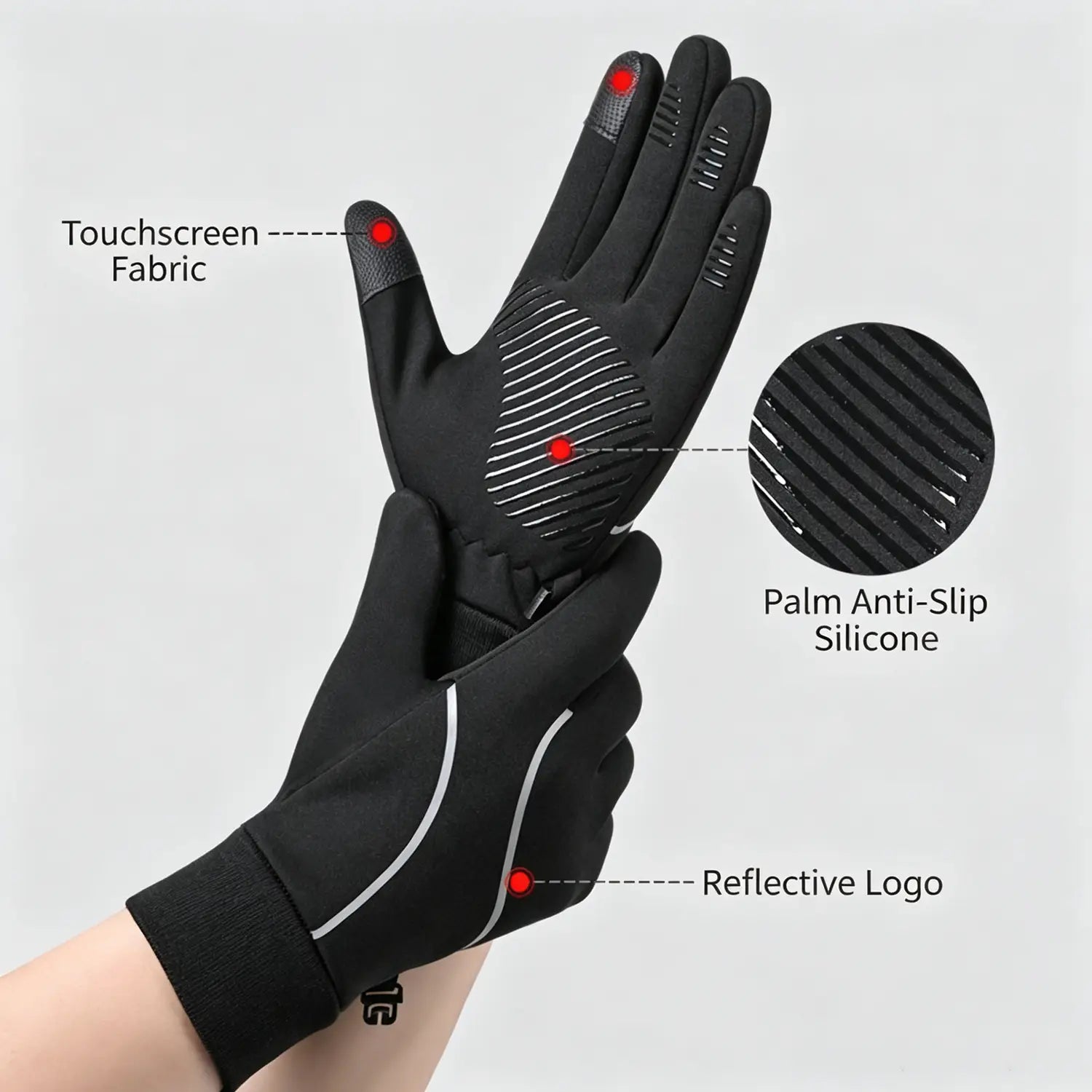 Men’s windproof touchscreen cycling gloves in black with palm anti-slip silicone and reflective logo detailing shown from the back side.