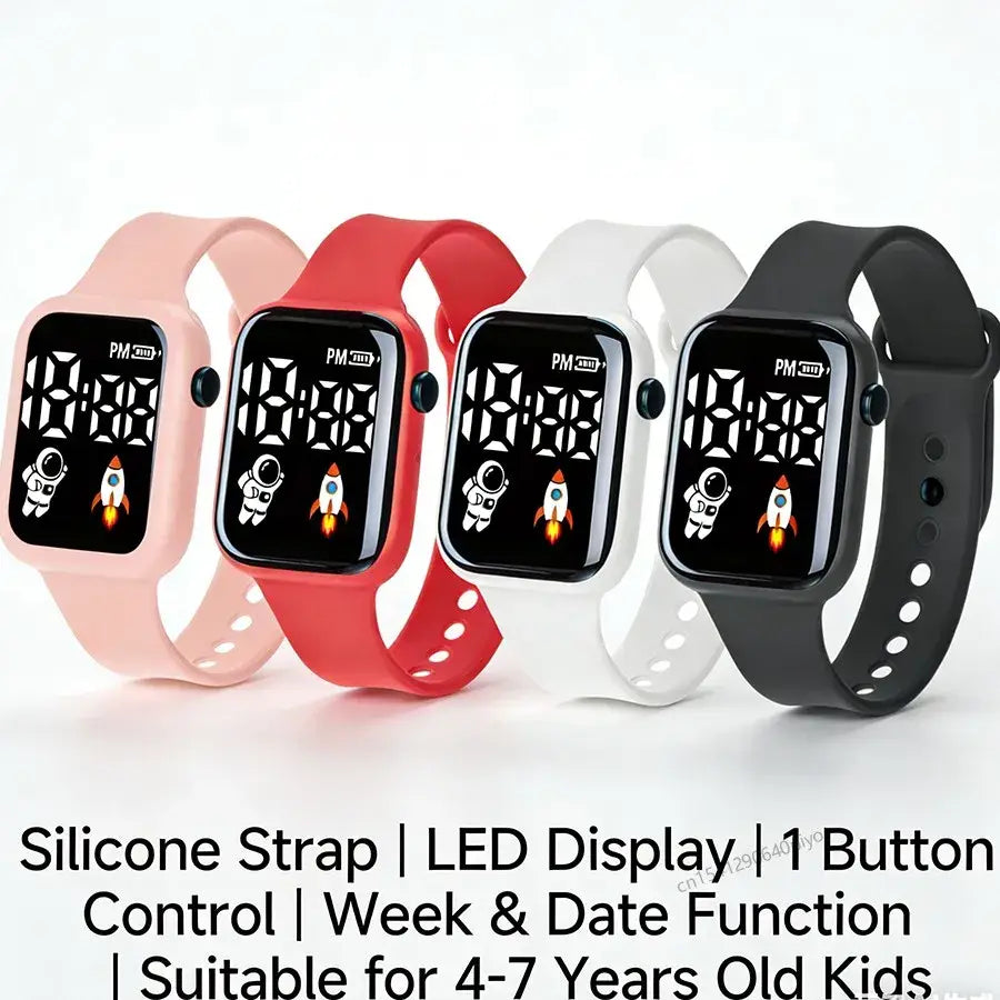 Quatre montres électroniques pour enfants avec affichages LED, astronautes et fusées à thème spatial, disponibles avec bracelets en silicone rose, rouge, blanc et noir pour garçons et filles.