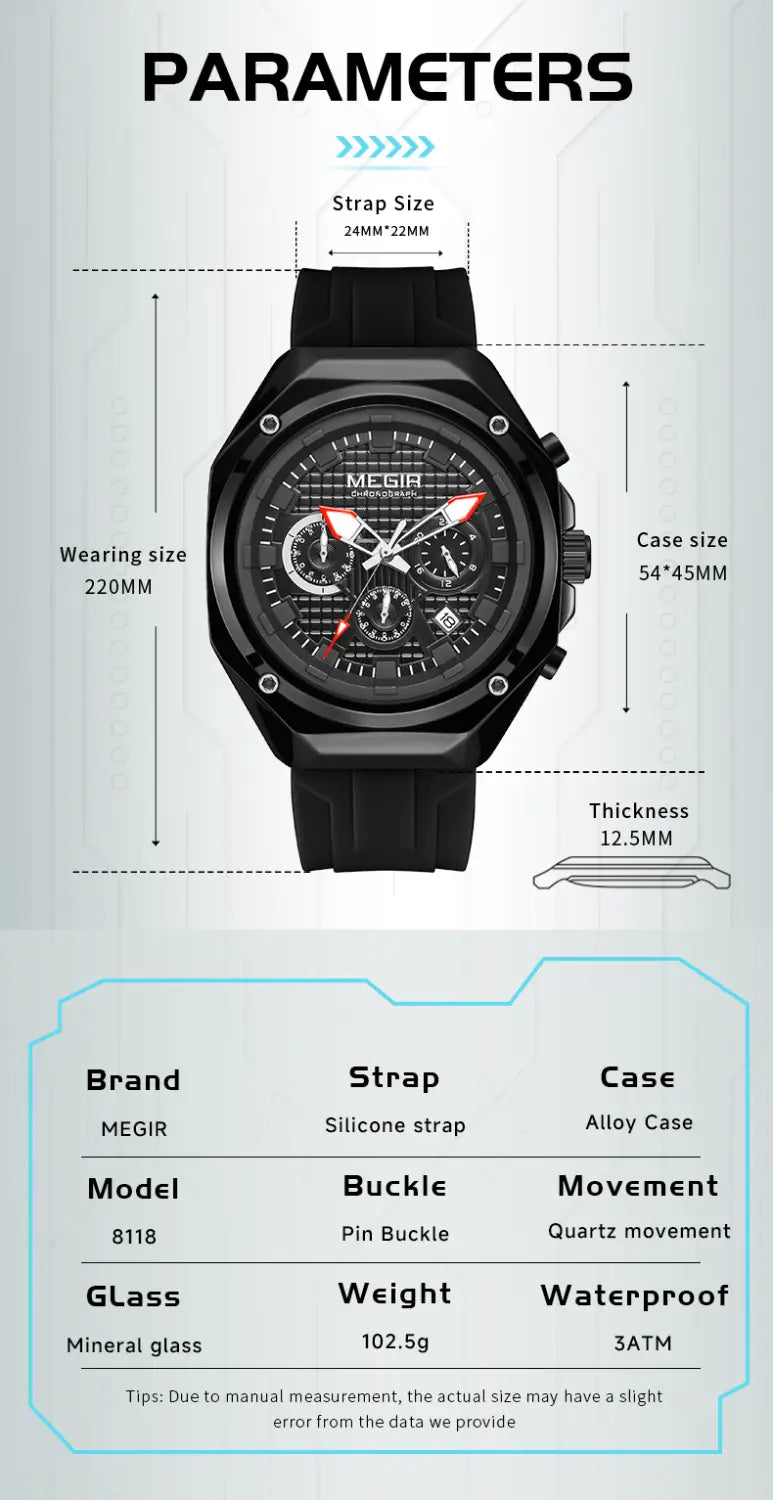 Black megir 8118 men’s sport chronograph watch with quartz movement, mineral glass face, and silicone strap.
