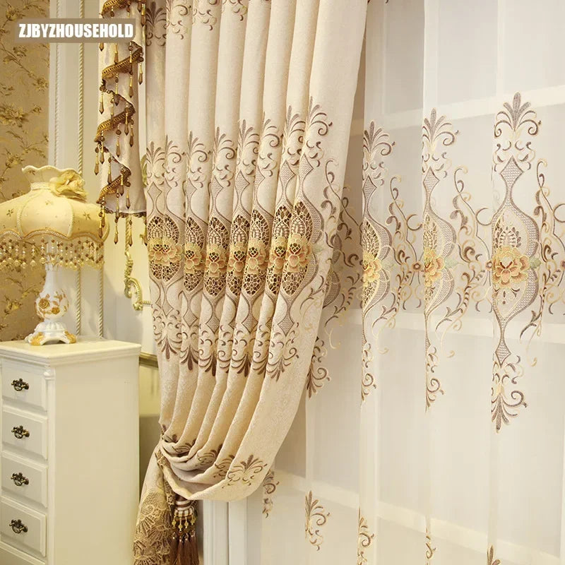 European Embroidery Cloth Curtains for Living Room Bedroom Flower King Luxury High Shading Modern Window Valance