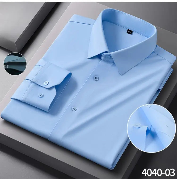 A neatly folded light blue men’s slim fit nylon formal dress shirt with a crisp collar and buttoned cuffs.