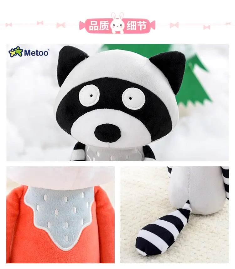 a cute stuffed animal fox raccoon plush toy 33cm featuring soft black and white fur with orange arms, a gray vest-like patch on its chest, and a striped tail.
