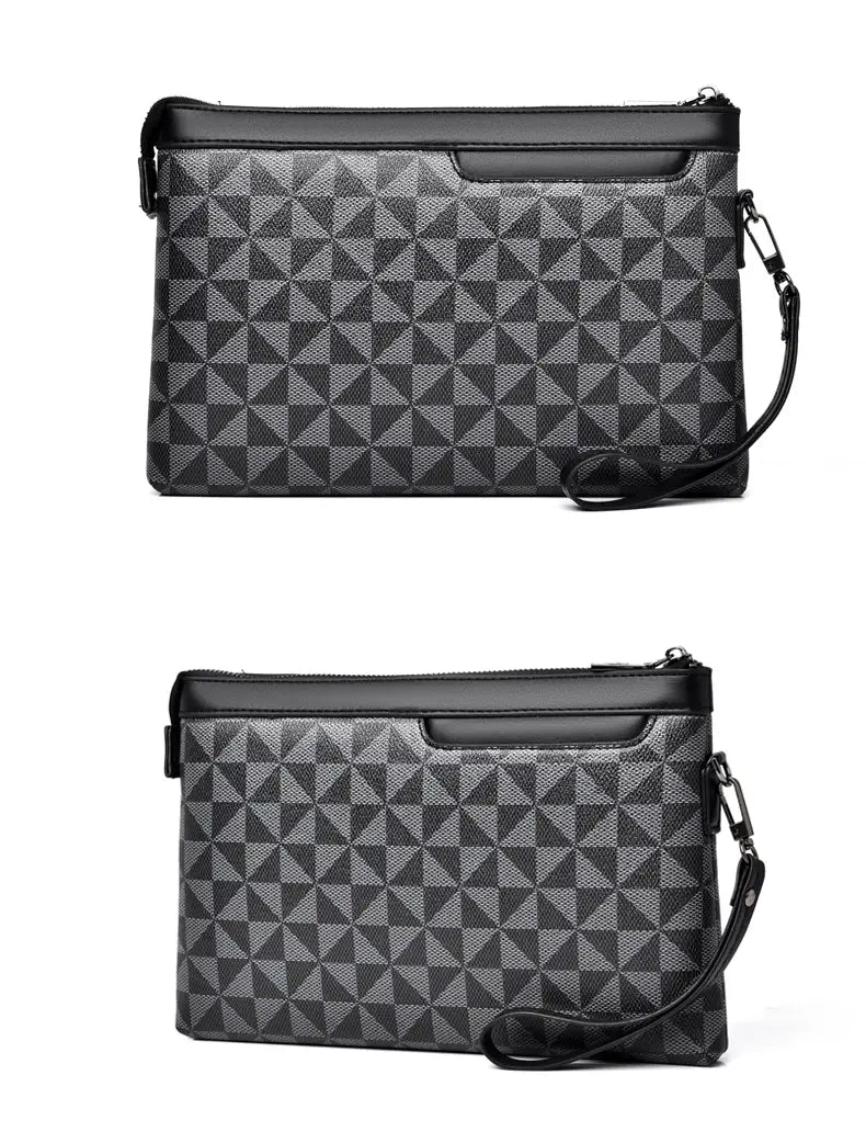 Black and gray geometric-patterned pu leather clutch bag with a textured surface, black zipper trim, matching strap, and a spacious pocket interior.