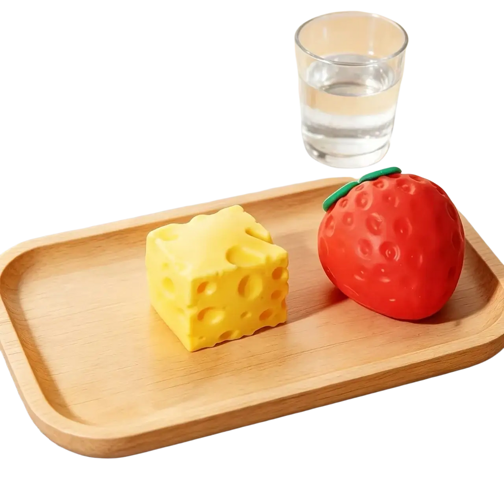 Yellow cheese and red strawberry shaped silicone strawberry squishy and cheese squishy sensory fidget balls on wooden tray