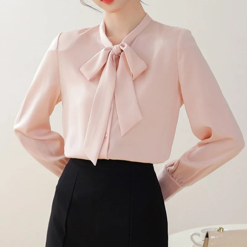 Women Elegant Satin Blouse Bow Tie Neck Puff Long Sleeve Formal Office Work Shirt For Spring Autumn