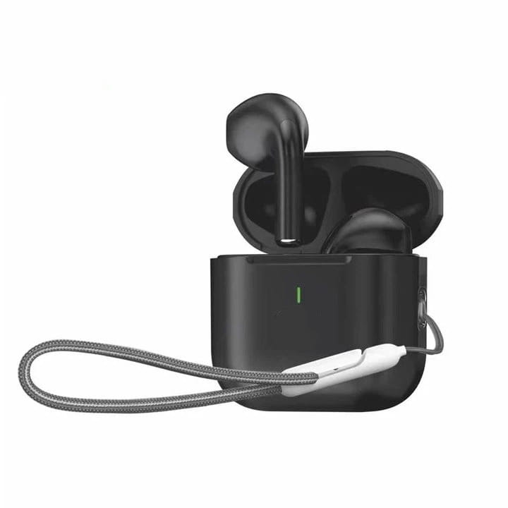 black true buds5 wireless bluetooth earbuds with hifi stereo nestled in a matte-finish charging case featuring a gray braided wrist strap and white plastic clip