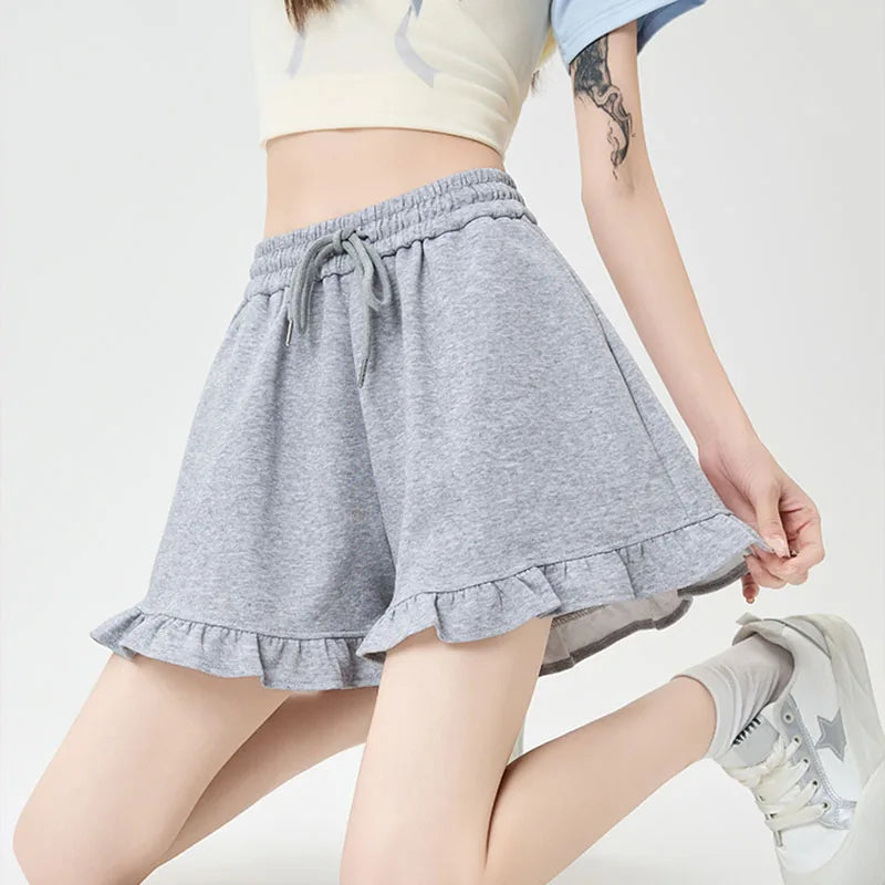 Women Summer Sports Shorts Sweet Ruffles Preppy Loose Casual Drawstring Shorts Female Simple All Match High Waist Hot Shorts New