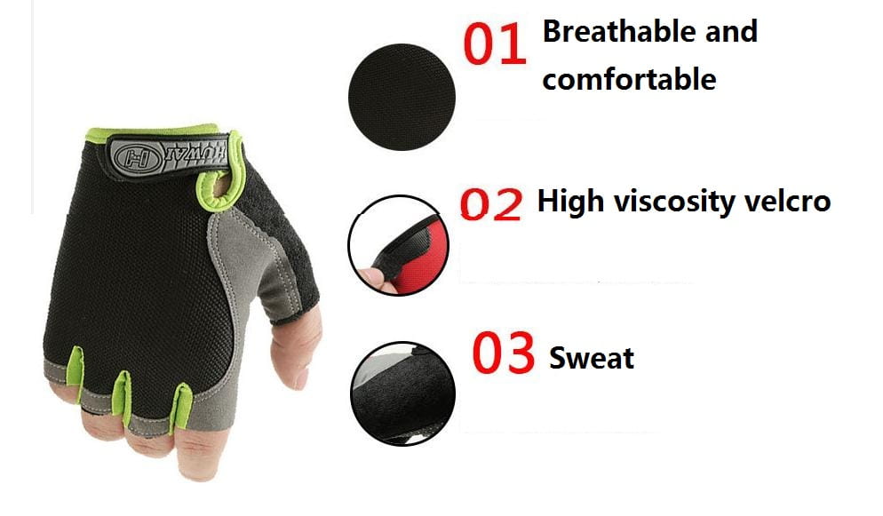 Guantes de ciclismo para entrenamiento físico de media yema transpirables en color negro y gris, mostrados por el lado trasero con detalles en verde neón, diseño de malla transpirable y cierre de velcro de alta adherencia.