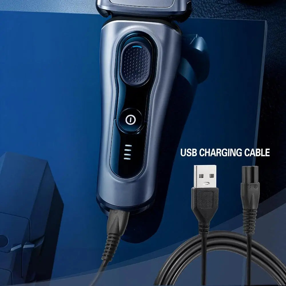 Silver and black Braun electric shaver with a sleek ergonomic design shown with Meridian electric shaver replacement USB charging cable.