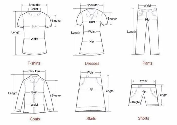 The image displays a houndstooth wool double breasted coat with labeled measurements alongside six garment types including t-shirts dresses pants coats skirts and shorts.