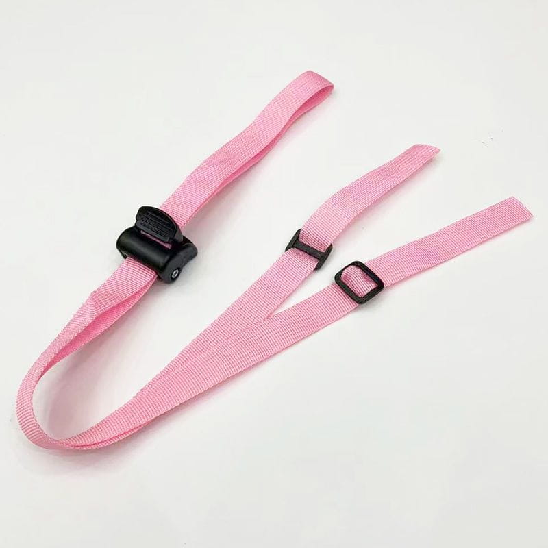Rosa Nylongurt für die Rückenlehnenverstellung des Kinderwagens mit schwarzer Kunststoffschnalle und Verstellclips.