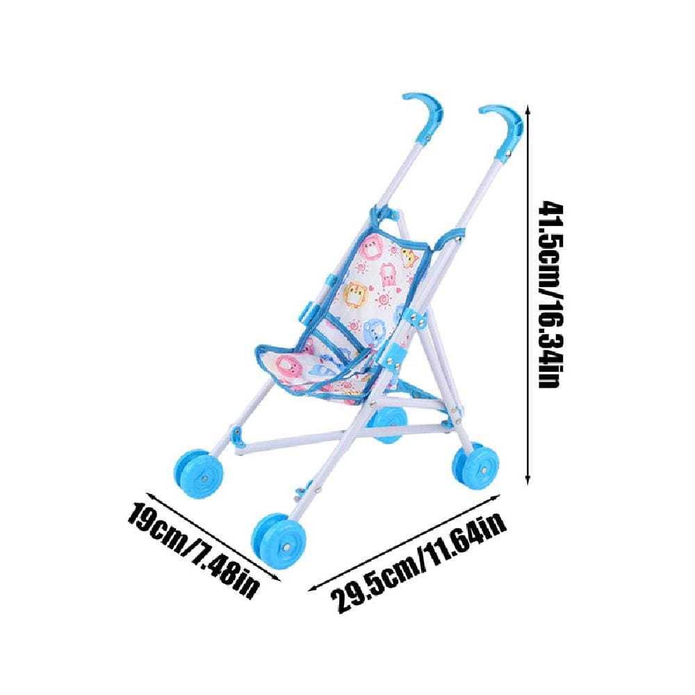 Blauer und weißer Plastikkinderwagen für Puppen mit gepolstertem Sitz aus gemustertem Stoff mit Cartoon-Tieren, für das Spiel mit einem Kinderwagen für Puppen.