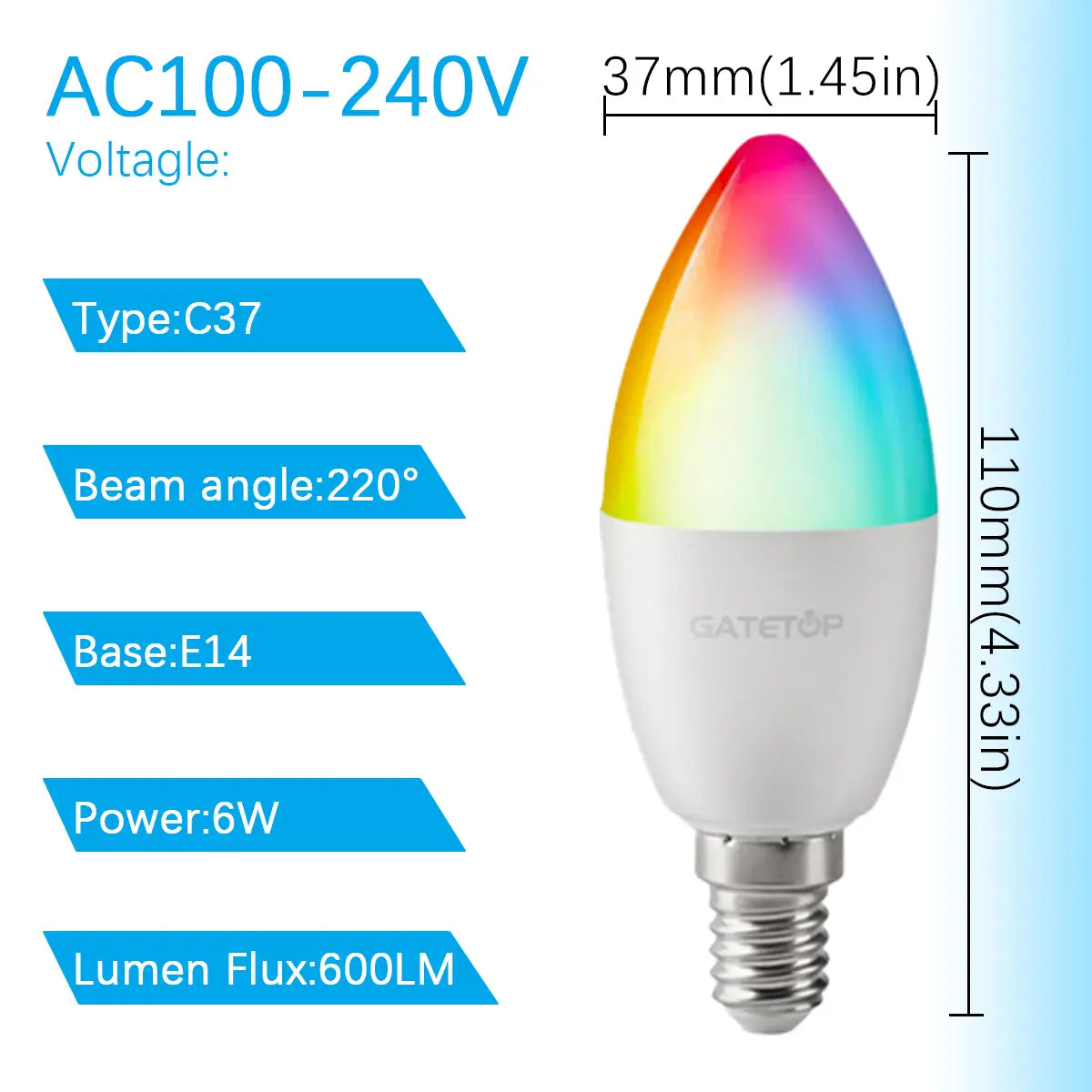 white gatetop c37 led bulb with an e14 base featuring rgbw dimmable color changing spotlight and a colorful rainbow gradient light effect