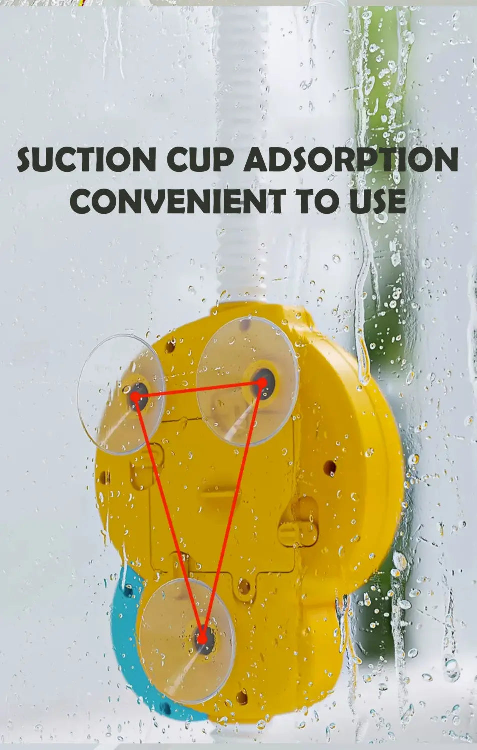 Dispositif d’adhérence par ventouses jaune et bleue avec coupelles circulaires transparentes pour jouet de bain électrique en forme de canard pour bébé destiné à une sortie d’eau du robinet à jets
