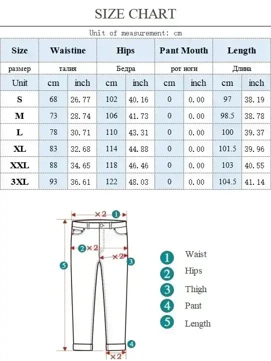 Tableau des tailles pour jeans pour hommes à jambes larges, coupe ample, style streetwear coréen, denim mettant en évidence les mesures de la taille, des hanches, de l’ouverture du bas et de la longueur, en centimètres et en pouces.