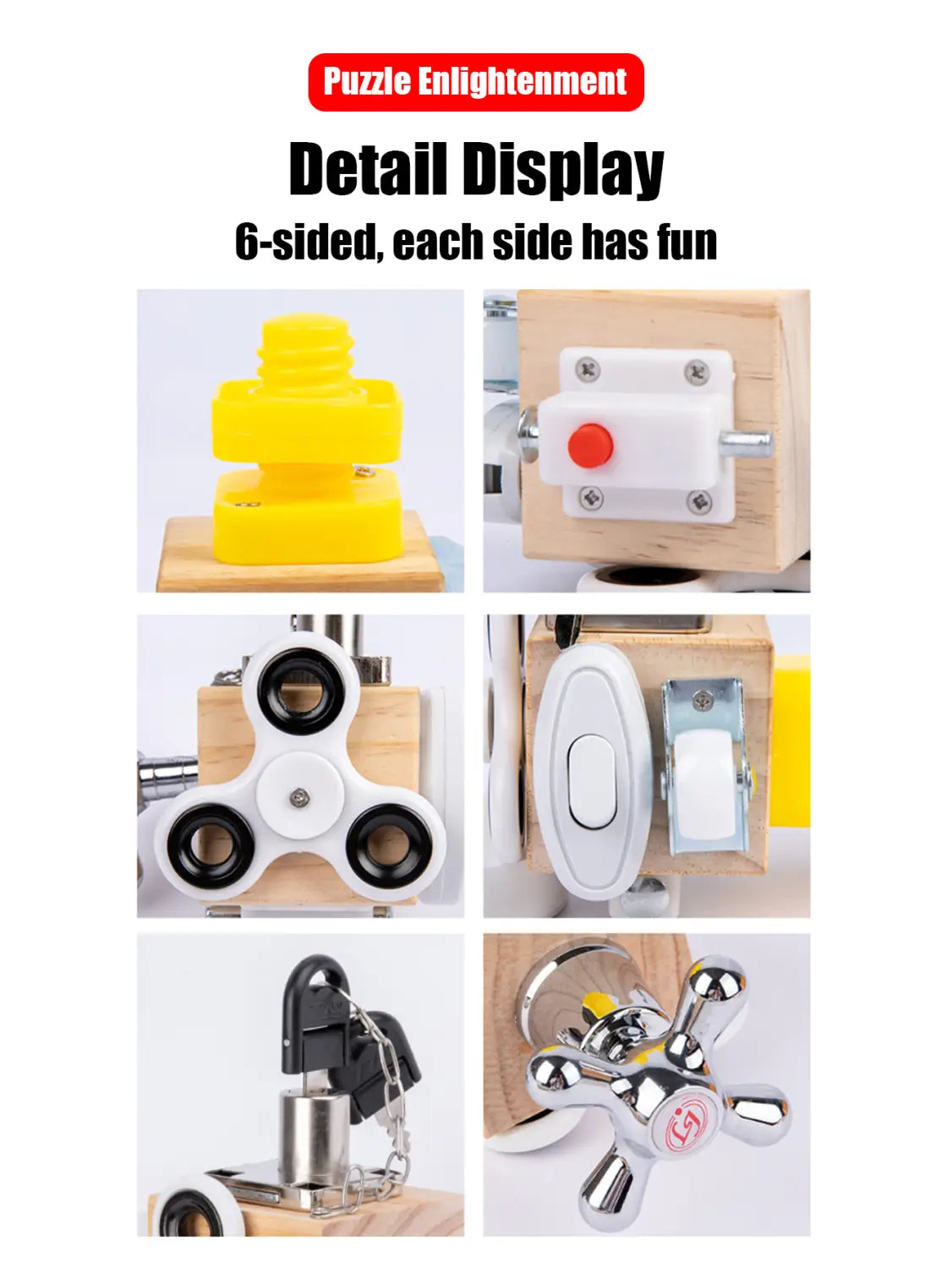 Yellow plastic puzzle piece with a textured tiered design on a wooden busy board Montessori sensory fidget toy.