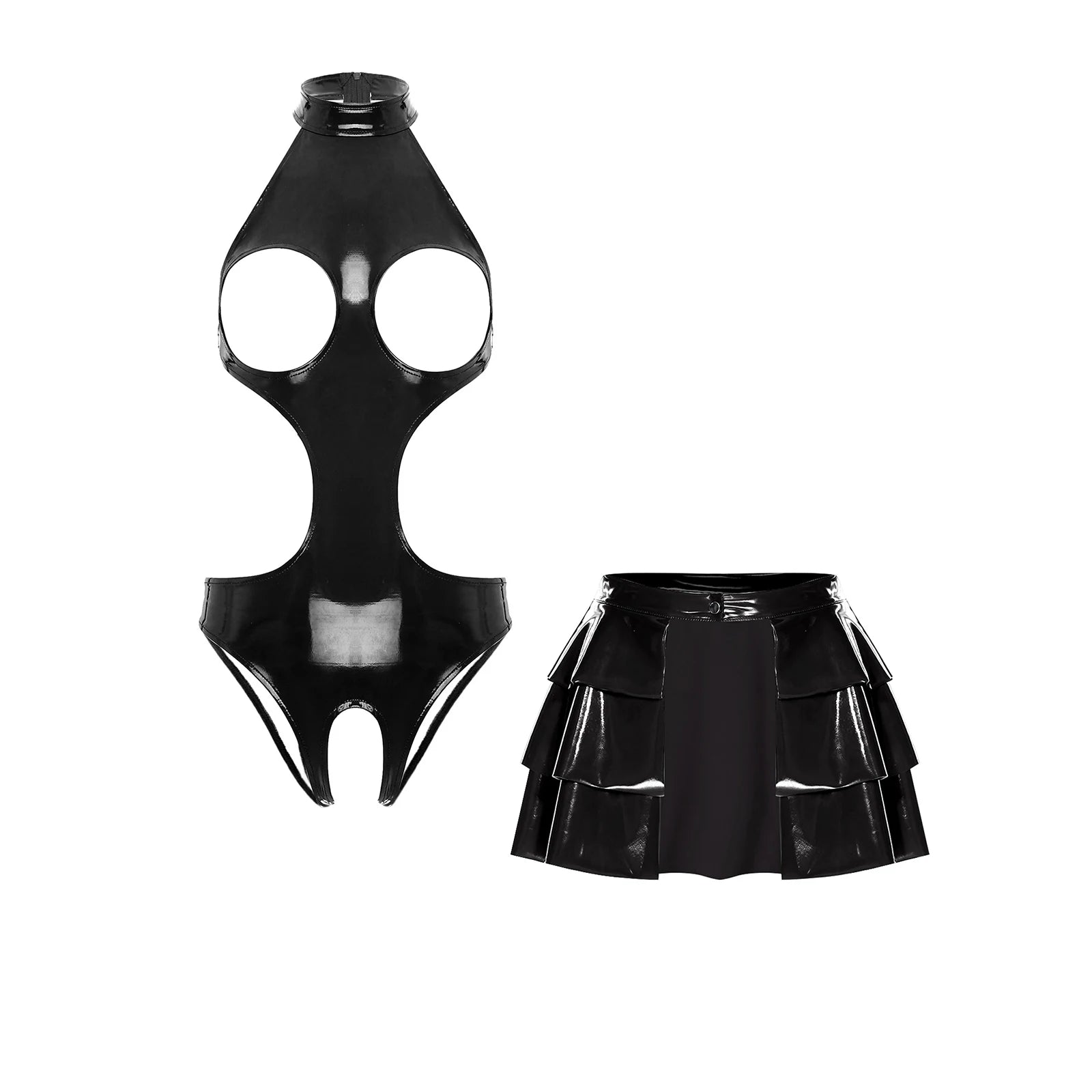 black glossy latex bodysuit with cutouts and matching tiered skirt set in wet look pu leather for stylish evening wear