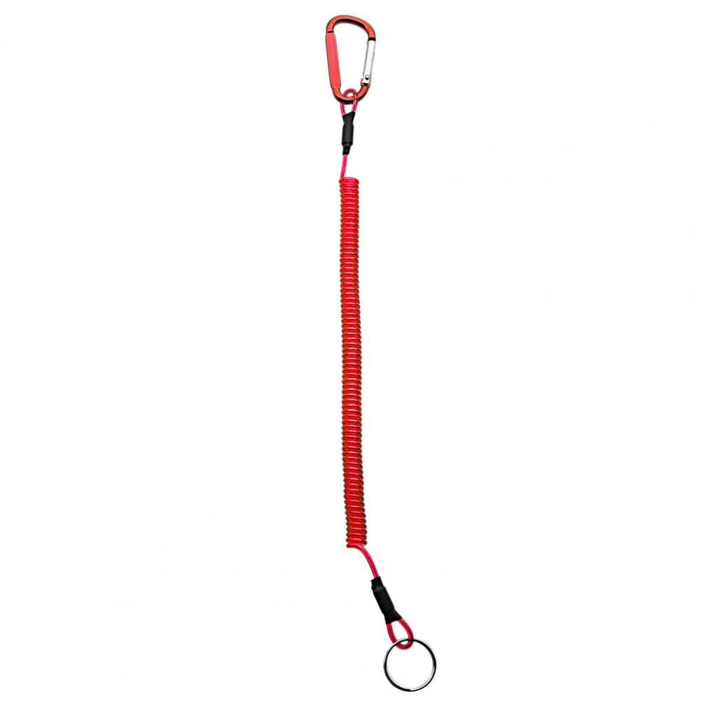 Red coiled retractable spring anti-lost lanyard keychain with carabiner clip and metal ring for secure attachment.