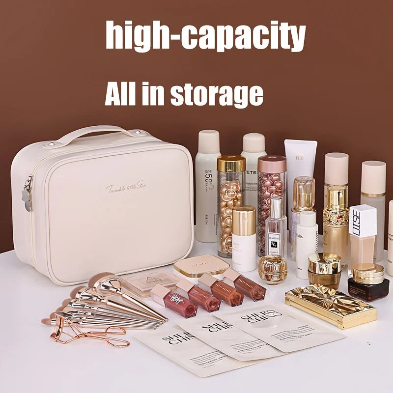Spacious Double-Layer Travel Makeup Bag Durable Faux Leather with Clear Compartments Storage Bag for Women's Beauty Essentials