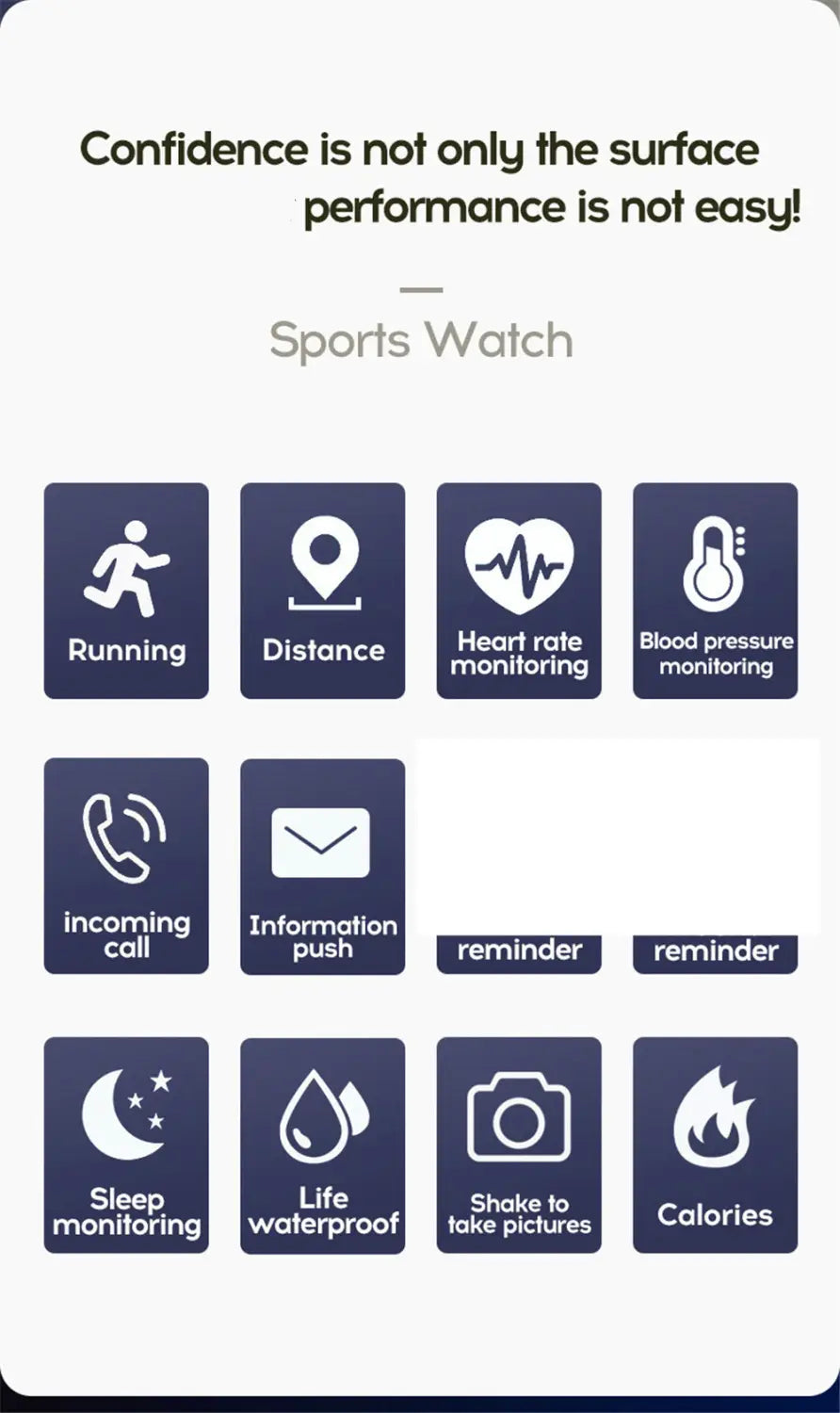 Y68 fitness smart watch with a sleek black and white design features running, heart rate monitoring, blood pressure tracking, sleep analysis, waterproofing, and calorie counting icons compatible with mobile phone wireless connectivity after downloading the app firstly.