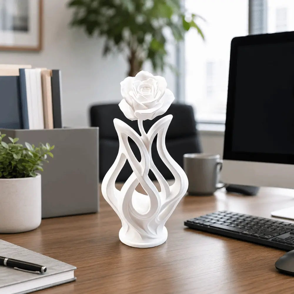White ceramic modern rose sculpture figurine with intricate flowing stem design for home decor.