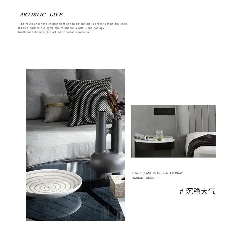 gray ceramic vase with sleek modern design featuring two vertical handles and rounded base complements living room decor with tassel tieback beads para la sala.
