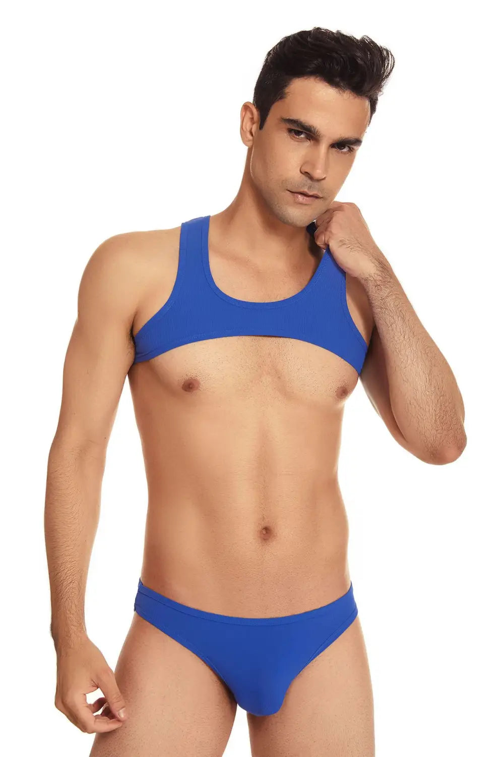 Maillot de bain une-pièce bleu côtelé, design dos nageur, jambes à taille haute, présenté de dos, adapté au vestiaire actif et à l’entraînement en salle de sport