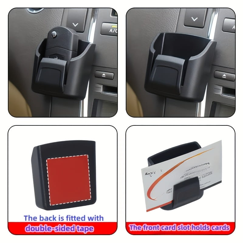 Black plastic car key organizer dashboard storage box with card slot and double-sided tape backing shown from the back side.
