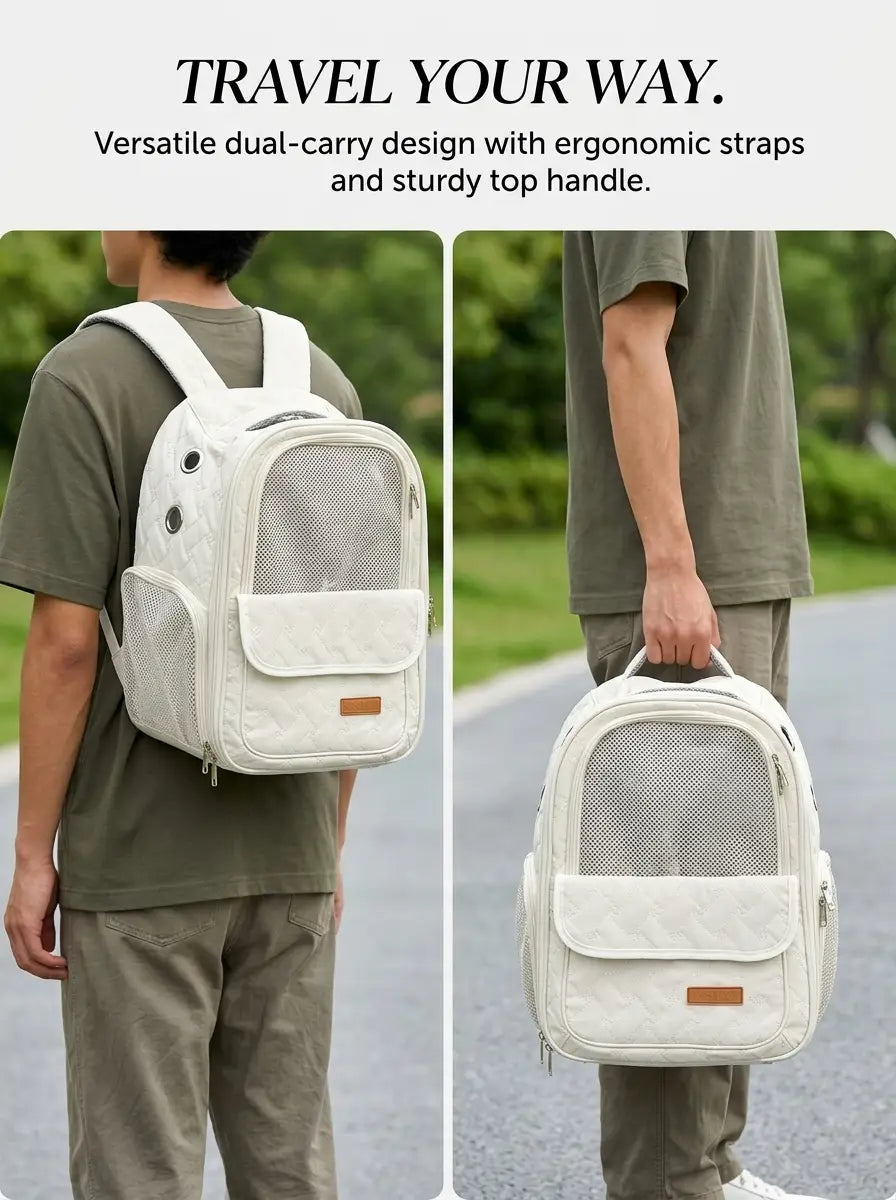 Mochila transportadora acolchada para mascotas con diseño tipo cremallera y para perros pequeños, con paneles de malla blanca, asa superior resistente y correas ergonómicas