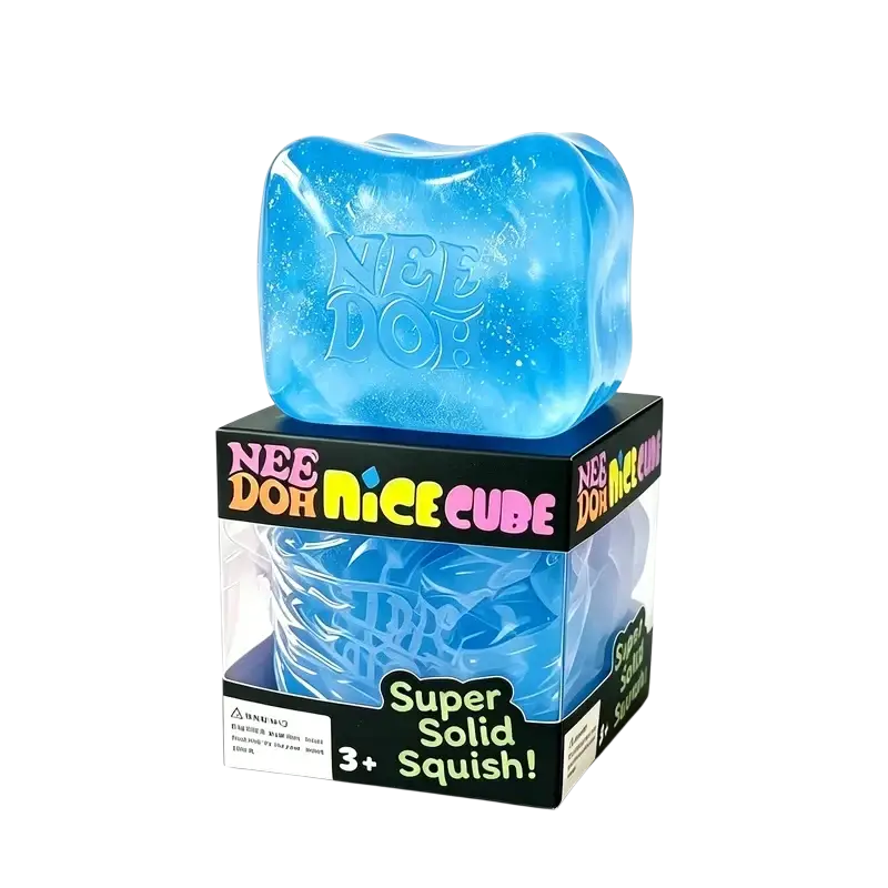 A translucent blue icy-textured nee doh nice big cube shape fidget toy with a glossy finish and embossed branding