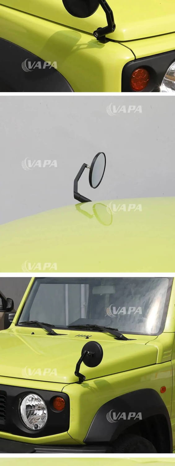 Espejo retrovisor lateral circular negro con brazo curvado elegante montado en el capó del Suzuki Jimny amarillo brillante para modelos 2019 y posteriores.