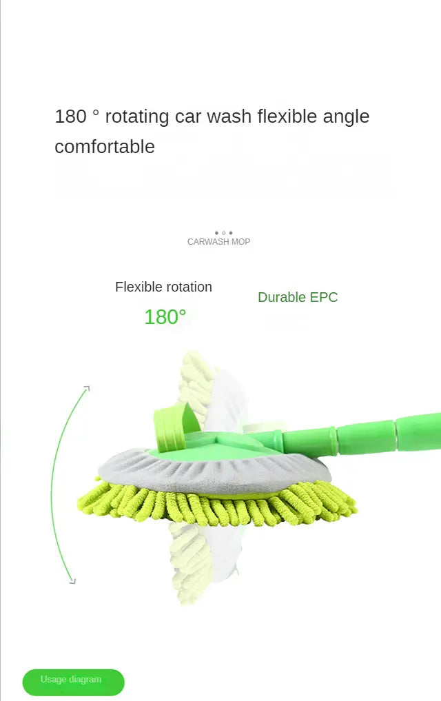 Fregona telescópica para lavado de coches verde y gris con diseño de ángulo flexible giratorio de 180° y cepillo de microfibra desmontable.