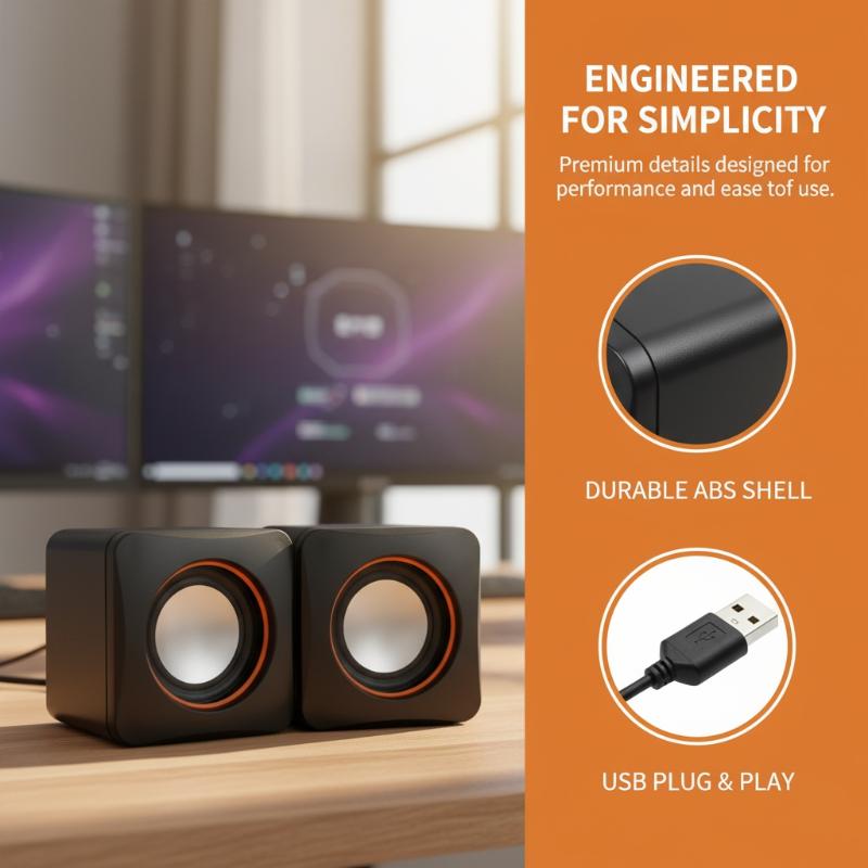 Schwarze und orangefarbene USB-Computerspeaker mit Mikrofon, mit robustem ABS-Gehäuse für erhöhte Haltbarkeit.