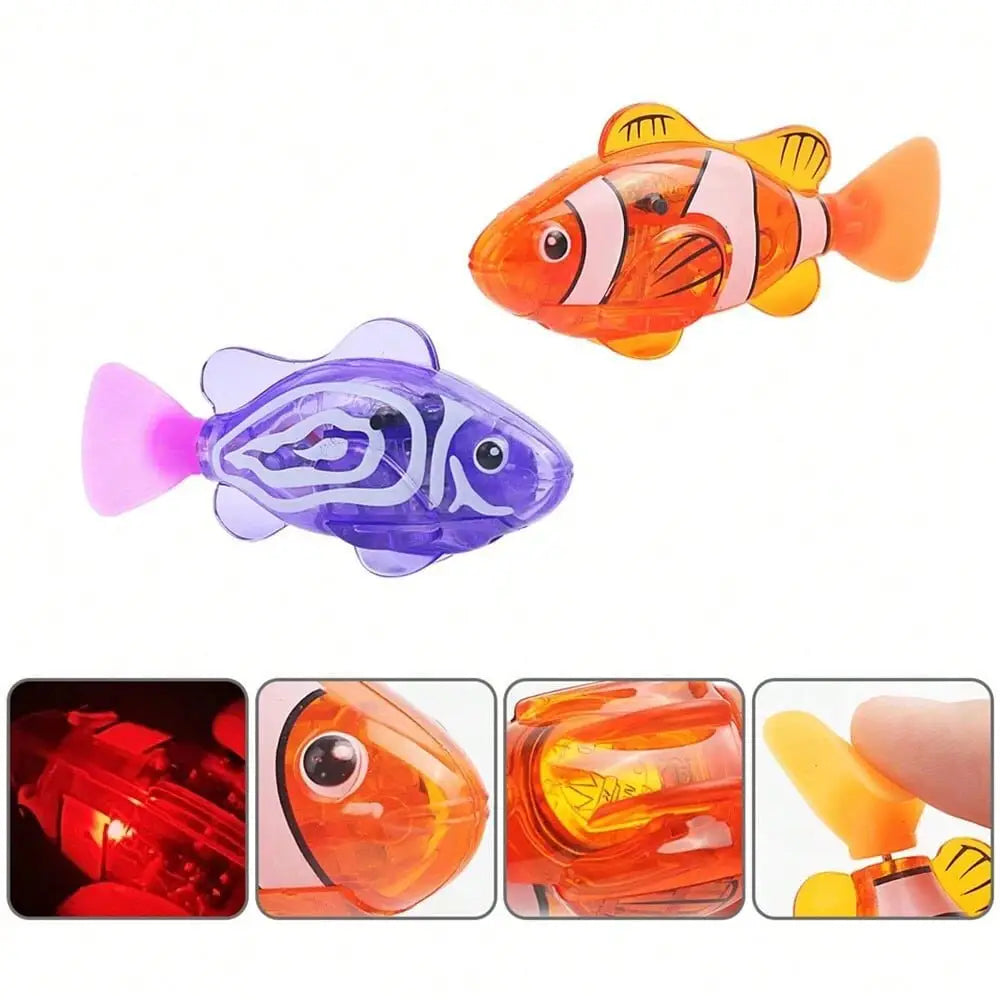 two translucent plastic interactive robotic fish cat toys in orange with white stripes and purple with blue fins