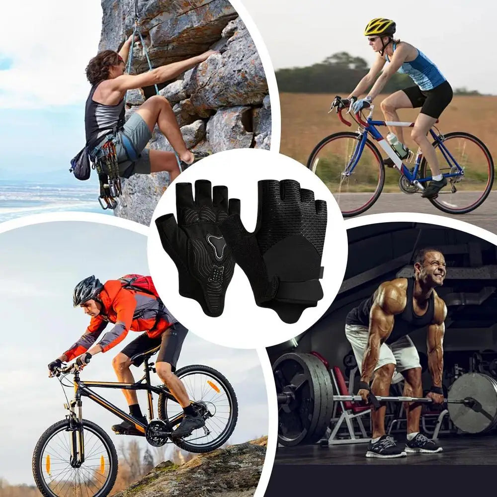 Guantes de entrenamiento negros sin dedos con agarre acolchado, superficie texturizada y diseño de palma reforzada para equipo de acondicionamiento físico.