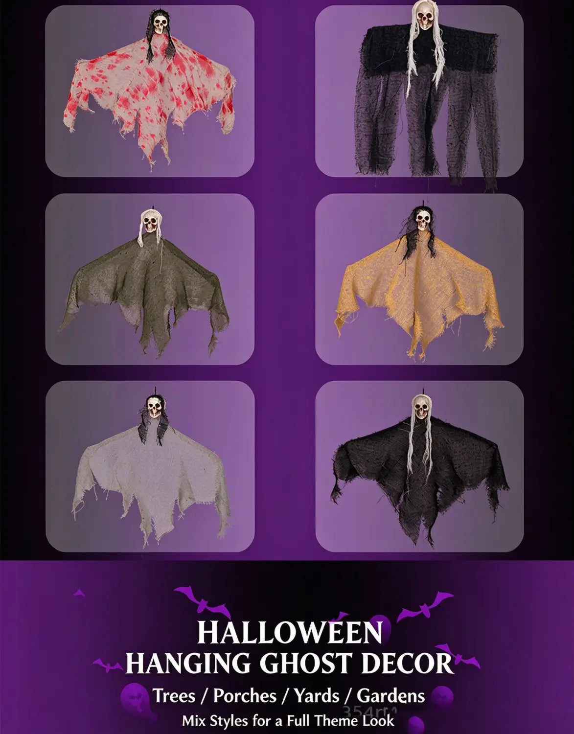 hängender Geist Halloween-Schreck-Accessoire aus zerschlissenem Stoff mit Totenkopf, erhältlich in den Farben Rot mit Spritzern, Schwarz, Olivgrün, Beige, Weiß und Dunkelgrau für die Dekoration von Geisterhäusern.