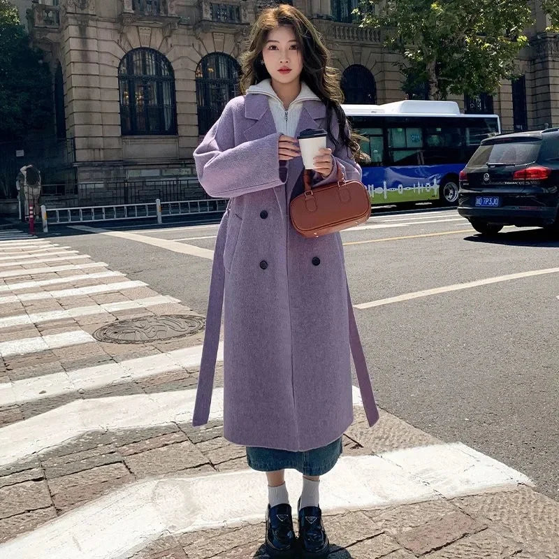 Lavender woolen double-breasted coat with a white inner collar and black buttons from the wool coat women long belted cashmere overcoat collection.