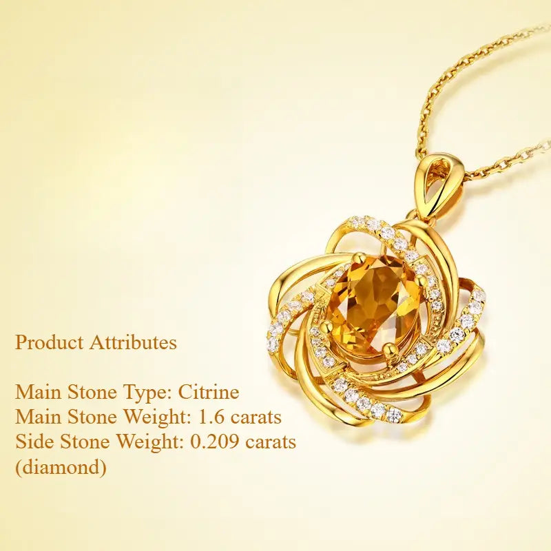 Collier pendentif en citrine doré comportant une pierre principale ovale sertie dans un design tourbillonnant de diamants plus petits, sertis dans un or poli, idéal comme accessoire de pierre de naissance.