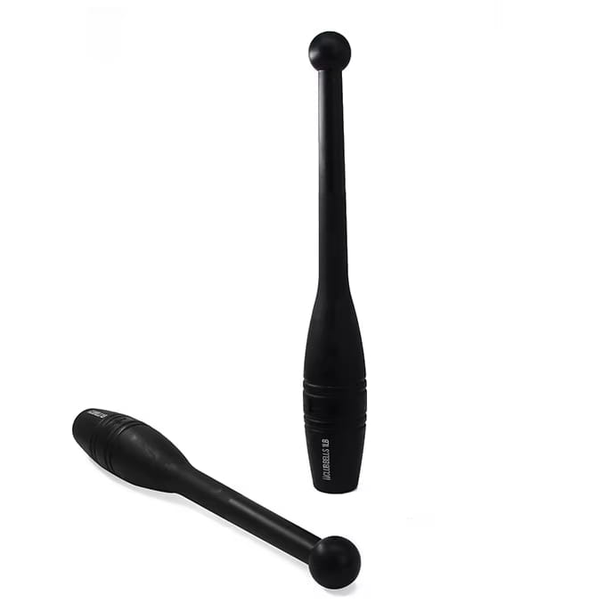 Black rubber fitness clubbell weight with textured grip and spherical ends designed for full body strength training.
