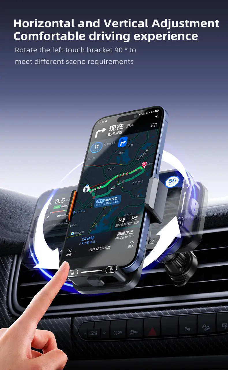 Black and silver wireless car phone charger mount 15w with adjustable brackets for secure holding.