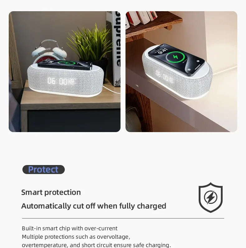 Haut-parleur Bluetooth en tissu gris avec surface texturée blanche, doté d’une fonction de charge sans fil intégrée et d’un affichage numérique pour le mode d’économie d’énergie et l’usage de réveil