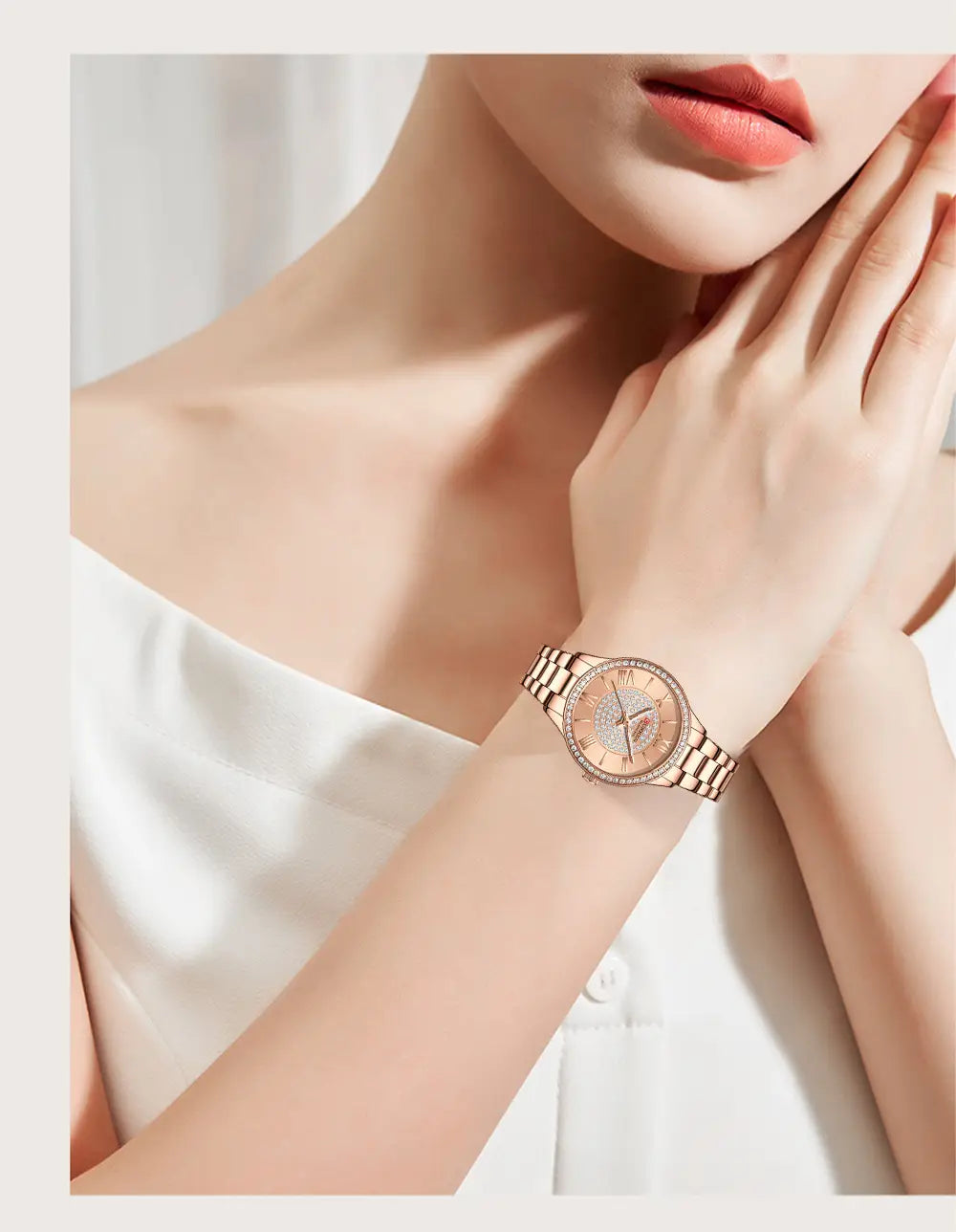 Rose gold-toned Curren women stainless steel crystal quartz watch with a diamond-encrusted bezel and matching link bracelet featuring an elegant analog dial.