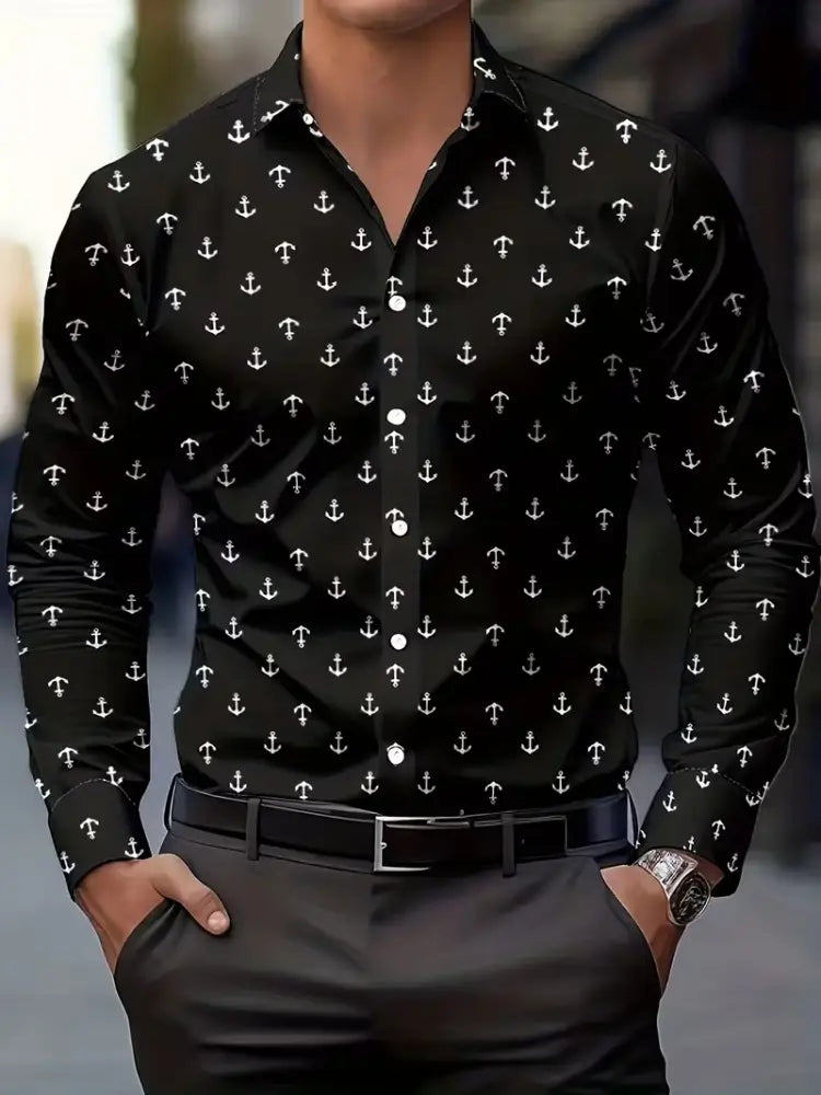 black long-sleeved button-down gold fleck men’s casual shirt with repeating white anchor pattern suitable for casual wear