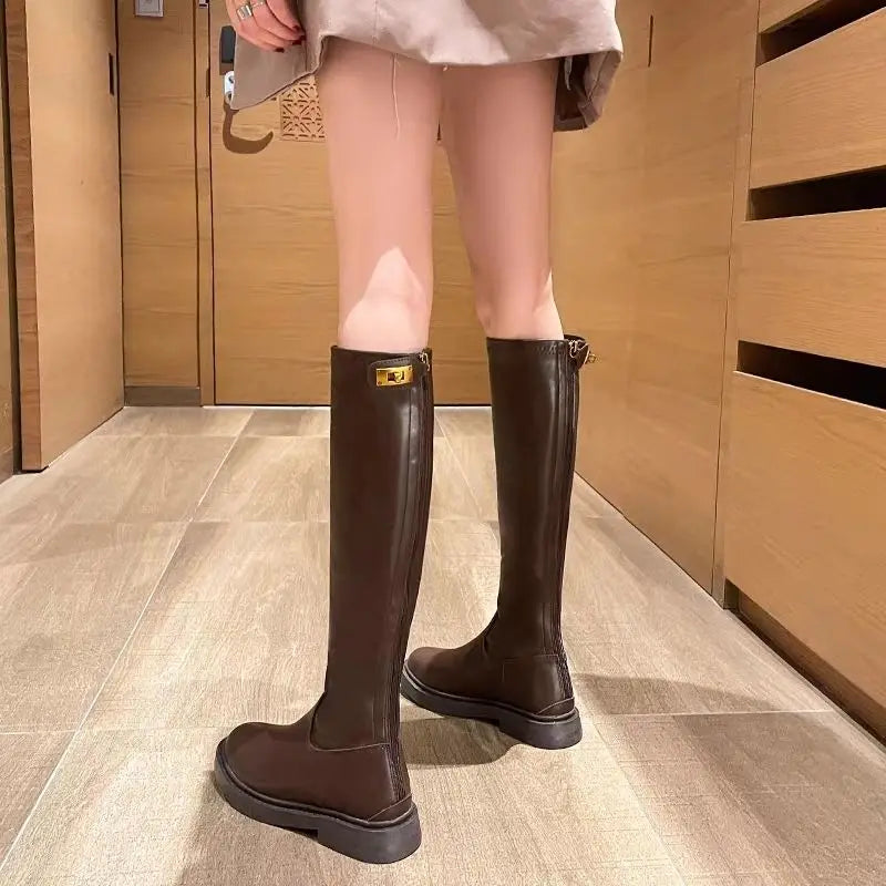 Shoes for Women Leather Platform Footwear Round Toe Ladies Boots Brown Fashion 2025 New in Demi-season Waterproof Work Pu Rock