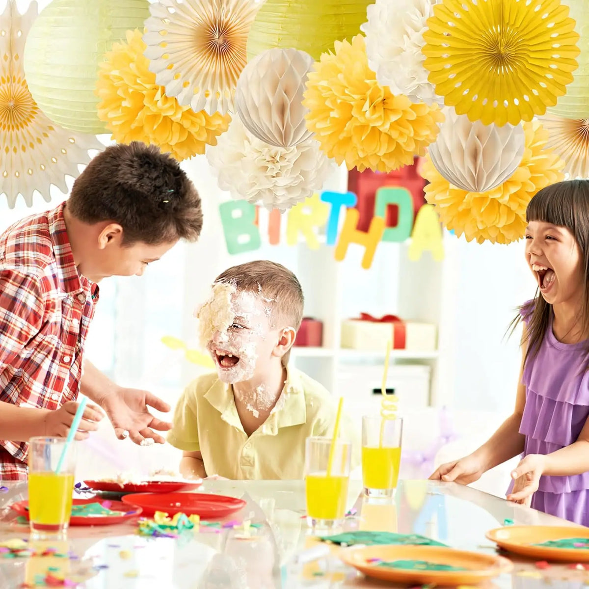 Yellow Party Decorations Yellow and Cream Paper Fans Paper Lanterns Pom Poms Flowers for Baby Shower Birthday Wedding Party