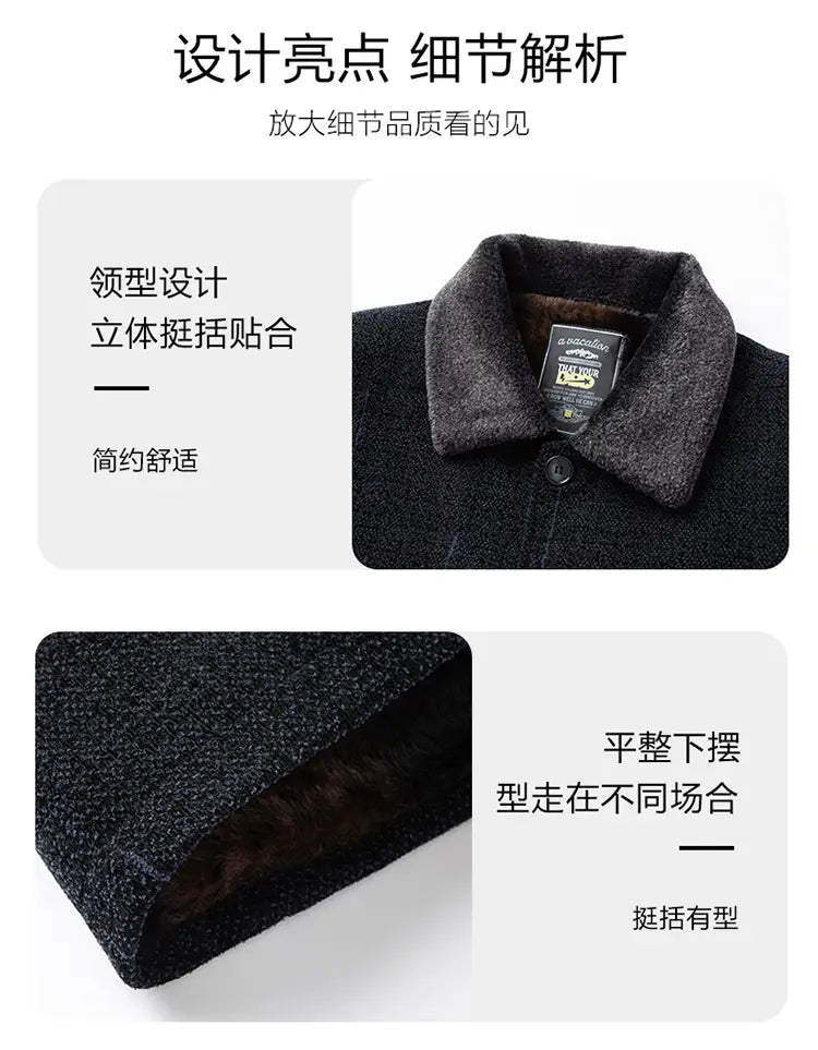 Abrigo tipo gabardina de mezcla de lana gris oscuro para hombre, con cuello de piel de textura aterciopelada y forro interior suave para el uso en invierno.